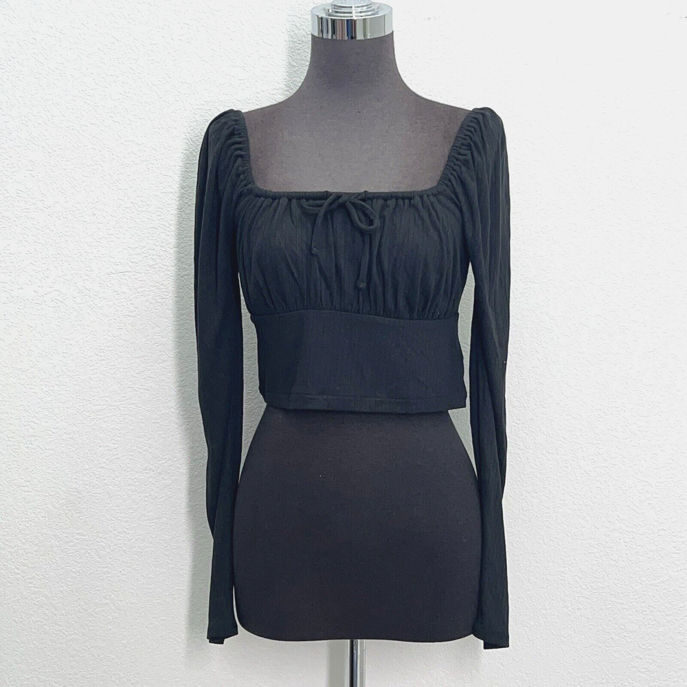 NWT Madewell Square Neck Top Women M Black Long Sleeve Peasant Lightweight